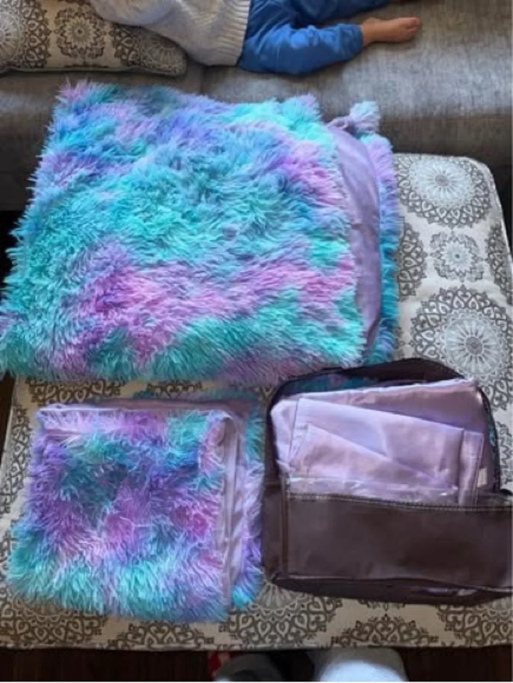 Plush Fuzzy Kids Pillowcase & Blanket Set - Turquoise Purple Pink